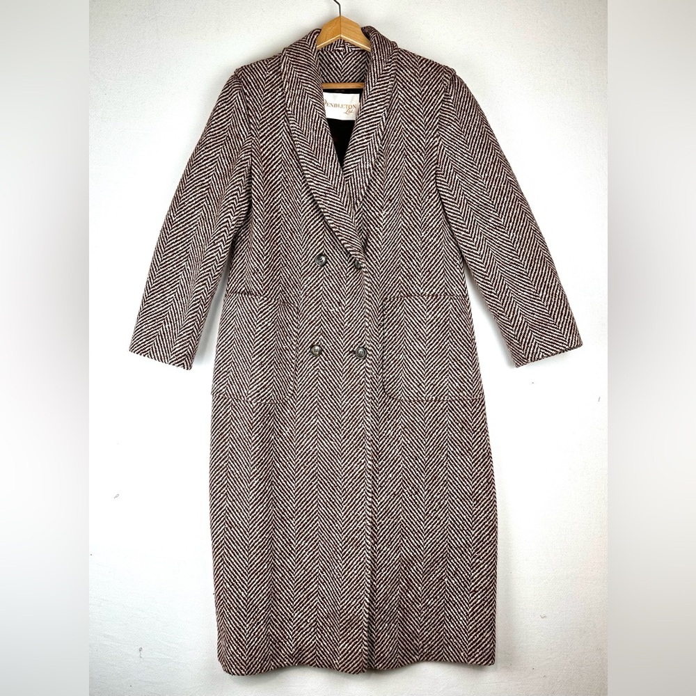 Pendleton Chevron Tweed Long Wool Coat Jacket Brown Vintage